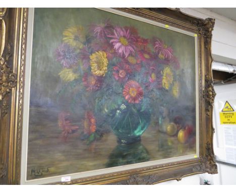 LARGE STILL OIL ON CANVAS OF FLOWERS IN VASE, SIGNED LOWER LEFT M DE GREEF, (79CM X 99CM), IN A GILT EFFECT FRAME.