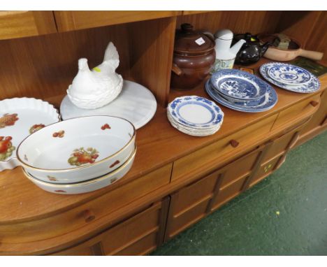 SELECTION OF HOUSEHOLD CHINA AND POTTERY INCLUDING A PORTMEIRION CHICKEN EGG CROCK AND A MIDWINTER TEA POT , TOGETHER WITH A 