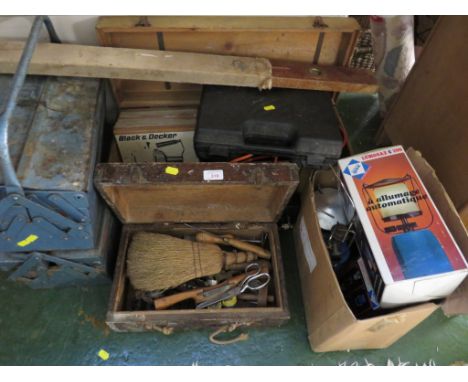 CORD LESS DRILL , CAMPING GAS , LANTERN AND COOKING STOVE. VINTAGE HAND TOOLS AND TWO METAL TOOL BOXES WITH CONTENTS.