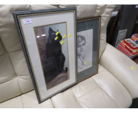 FRAMED AND GLAZED PRINT OF CAT AND A FRAMED AND GLAZED CHARCOAL PORTRAIT OF WOMAN.