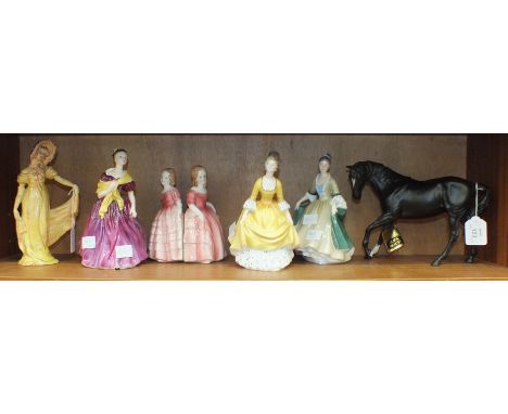 Three Royal Doulton figurines, 'Adrienne' HN2152, 'Coralie' HN2307, 'Elegance' HN2264, a Wade figurine 'Barbara', 21cm high, 