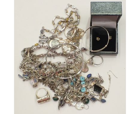 A pair of 9ct gold ear studs and a quantity of silver jewellery, including a silver bangle set two diamond points, gross weig