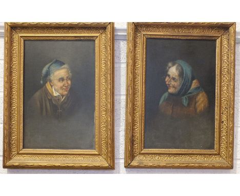 19th century Continental School, 'Portrait of an elderly gentleman smoking a pipe and wearing a woolly hat', oil on canvas, 3