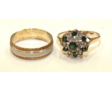 A 9ct gold ring set synthetic green and white stones and a 9ct gold wedding band, 5g, (2).