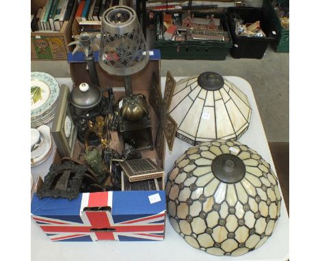 A Smith's metal case lantern clock, 25cm high, various metal table lamps and other metalware and miscellaneous items.