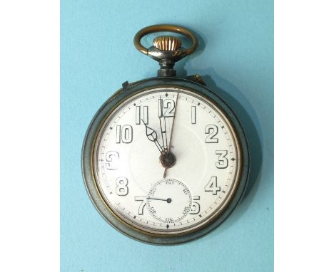 An open-face keyless pocket watch with alarm, with white enamel dial, Arabic numerals and seconds subsidiary, in steel and br