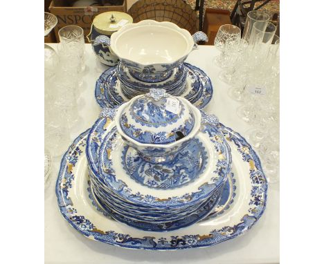 Thirty-four pieces of Masons blue, white and gilt willow pattern dinnerware, other blue and white dinnerware and a Tunstall b