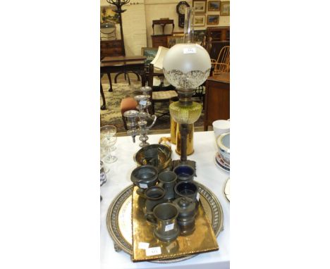 An oil lamp, the wick adjuster marked 'KosmosBrenner', above a yellow hobnail and ribbed opaque glass reservoir, on metal Cor