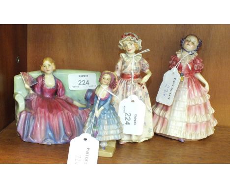 Four Royal Doulton figurines, 'Sweet and Twenty' HN1589, 9cm, 'Ruby' HN1724, 14cm, 'Cerise' HN1607, 14cm and 'Priscilla' M14,