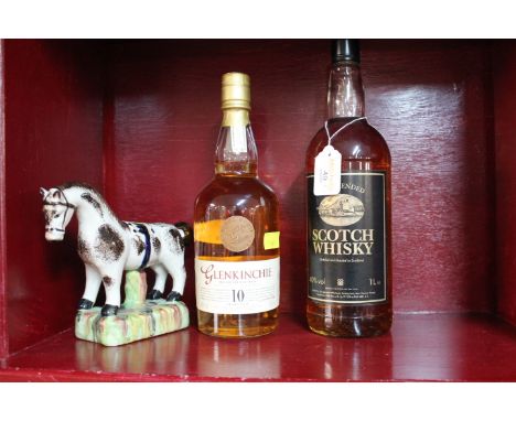 Glenkinchie 10 Year Old Whisky, 1 litre of Coop Scotch Whisky and model pottery horse