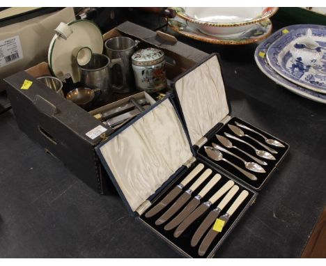 Boxed cutlery sets - Harrison Fisher &amp; Co knives, Thomas Turner bone handled knives, pewter tankards, enamel candlestick 