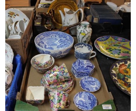 Two boxes of Spode Italian floral cups and saucers, teapot, jug, decorative plate etc