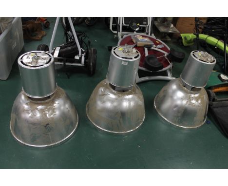 Three aluminium industrial light fittings, 58 cm high x 50 cm diameter 