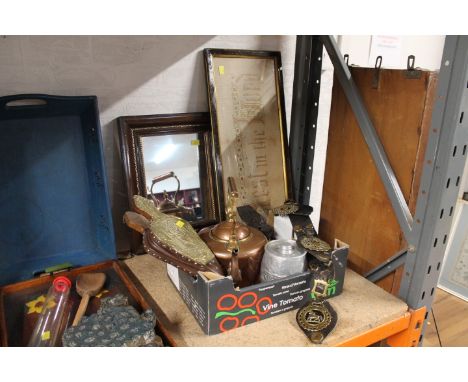 Horse brasses, copper kettle, brass bellows, mirror, tapestry picture 