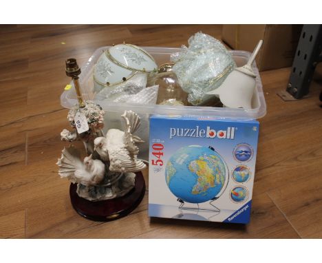 Box of glass lamp shades, puzzle ball globe jigsaw and dove form lamp base