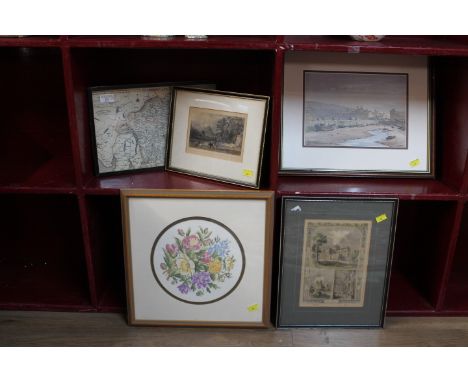 Five pictures to include print of Whitehaven Harbour by Len Roope and Westmorland map