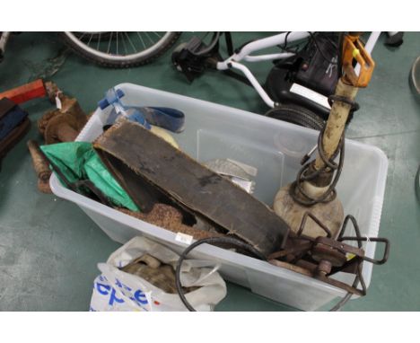 Plastic box of weed sprayer, light fittings, pickaxe head, strapping etc 