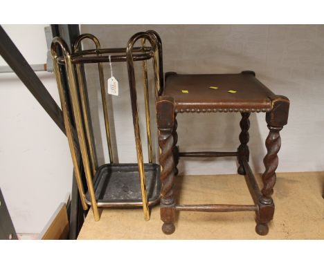 Brass stick stand and wooden stool with barley twist legs  