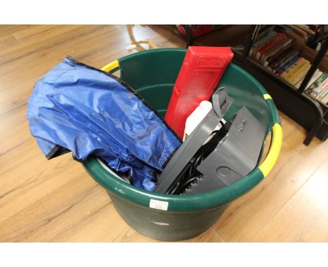 Plastic bucket of tools, washing machine hoses, Turtle Wax car polish, wrench etc