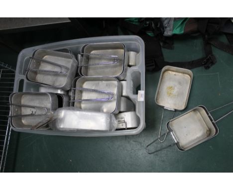 Box of folding aluminium army style mess tins  