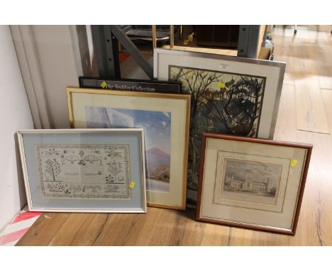 Five pictures and prints including an abstract print of trees