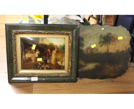 Crystoleum of lady feeding swans and paned panel from the top of a fire screen