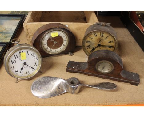 Wooden box of vintage clocks including West Clocks Big Ben, alarm clock, Rouser alarm clock, metal propeller and two wooden m