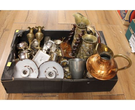 Brass jugs, cutlery, goblets, enamel candlestick holders, Aladdin lamp etc