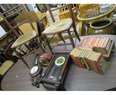 A mixed lot to include an early 20th century Vienna style wall clock, an early 20th century oak carved cased barometer, a wal