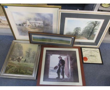 Mixed pictures to include an oil on canvas depicting a winter scene, Gordon Dale watercolour and others, together with a St E