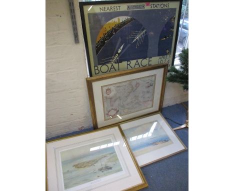 A reproduction Underground advertising poster, a reproduction map, a print of William Wyllie's Submarines off Fort Blockhouse