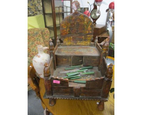 An Indian painted pine stand, green stained ivory handled knives and forks and a terracotta flask Loc G