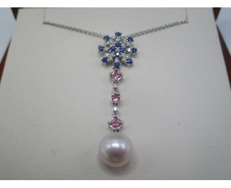 A Tivon 18ct white gold sapphire, pink tourmaline and pearl drop necklace, diamond approximately 0.26ct, tourmaline approxima