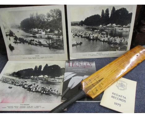A vintage Warsop cricket bat, three photographic prints of Harvard Beats, Leander Club rowing &amp; Harvard Beats Union Bosto
