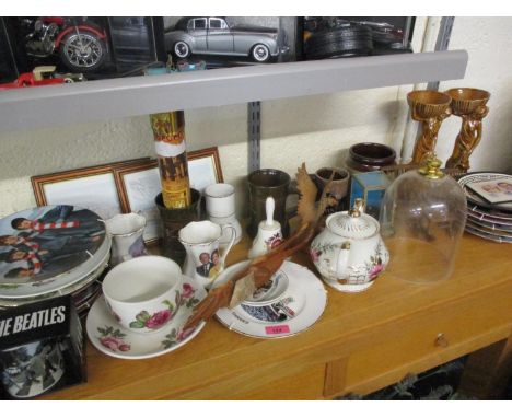 Mixed ceramics, treen and prints to include Beatles collectors plates, together with a vintage style magazine rack incorporat