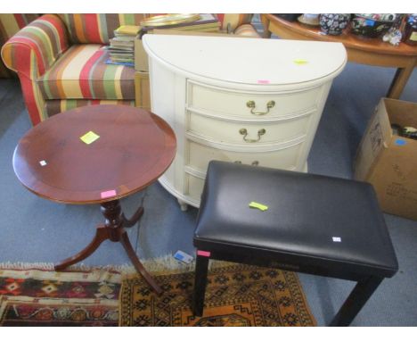 A cream painted bow fronted four drawer inset side table, a yew occasional table and a piano stool 