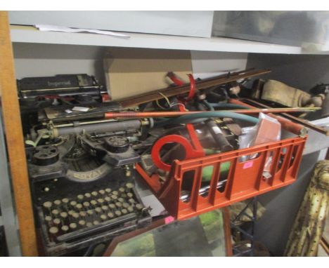 A mixed lot to include two typewriters, tools to include folding rulers, and car related items to include a Kismet Duplex foo