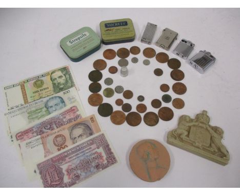 Mixed coins and lighters to include a Swiss Thorens lighter, together with mixed bank notes, two vintage tins and two small p