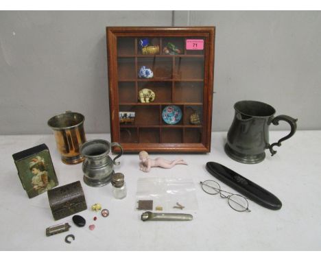 A mixed lot to include a nude bisque powder puff girl, 19th century spectacles in pewter inlaid spectacles case, Victorian pe