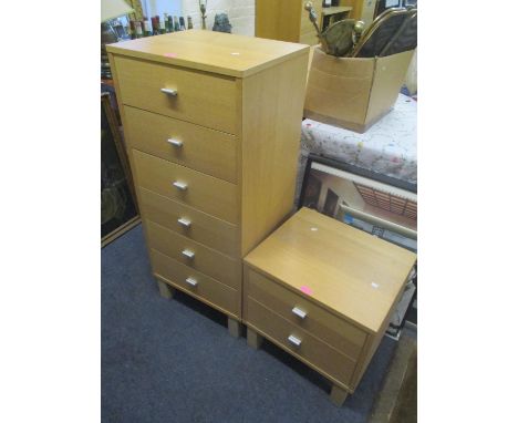 A modern light oak tall chest of six short drawers, together with a small matching bedside chest 