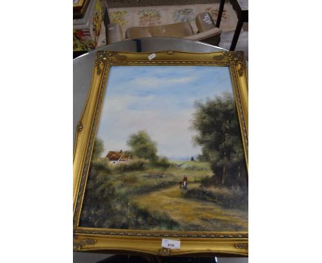 B R NOBBS, STUDY OF FIGURES ON A COUNTRY LANE, OIL ON BOARD, GILT FRAMED, 59CM HIGH