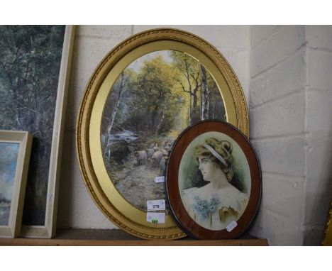 OVAL COLOURED PRINT 'SHEEP ON A WOODLAND TRACK' TOGETHER WITH TWO FURTHER OVAL PORTRAIT PRINTS, ALL F/G (3)