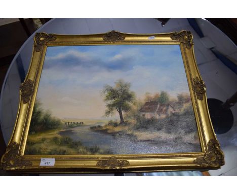 B R NOBBS, STUDY OF A COTTAGE BY A RIVER, OIL ON BOARD, GILT FRAMED, 58CM WIDE