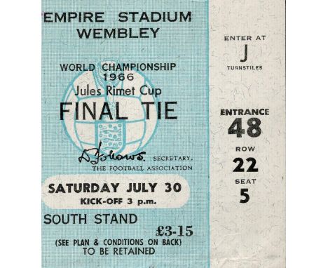 Official 1966 World Cup Final Matchday Ticket England Vs West Germany on Saturday 30th July 1966 at the Empire Stadium Wemble