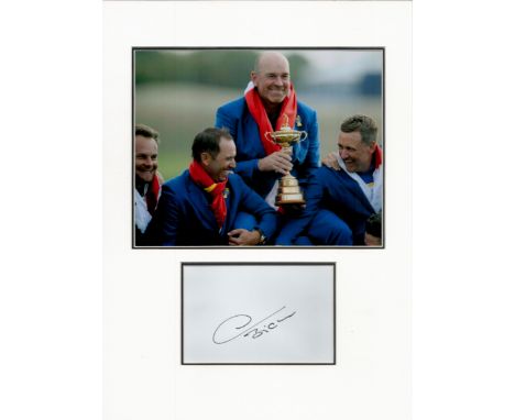 Golf Thomas Bjorn 16x12 overall mounted signature piece includes signed album page and colour photo holding the Ryder Cup. Th