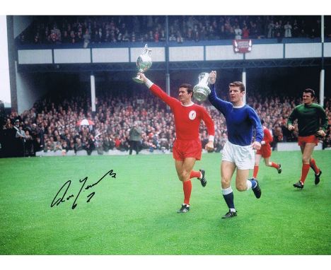 Autographed Ron Yeats 16 X 12 Photo - Col, Depicting A Wonderful Image Showing The Liverpool Captain And His Everton Counterp