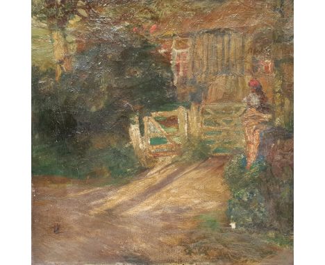 French School (Early 20th century): 'Camille at the Gate', oil on canvas indistinctly signed, information verso 46cm x 46cmCl
