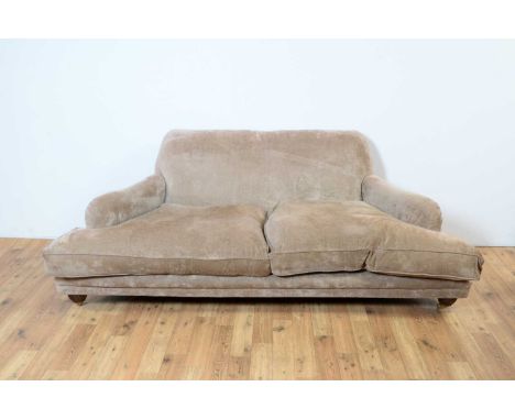 A large modern two-seater sofa handcrafted by Sofarooms, Devon, upholstered in tan velvet fabric 210 x 105 x 84cm high.