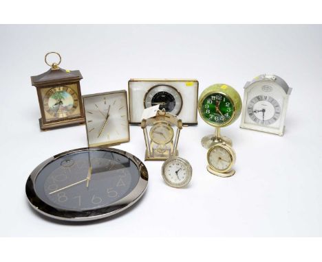A selection of retro and other clocks, including: a London Clock Co wall clock; a Rhythm 2 Jewels alarm clock; two Swiss cloc