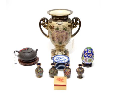 A collection of oriental wares, including: a Japanese Satsuma style twin handled urn vase, 30cms high; a Chinese Yixing tea p